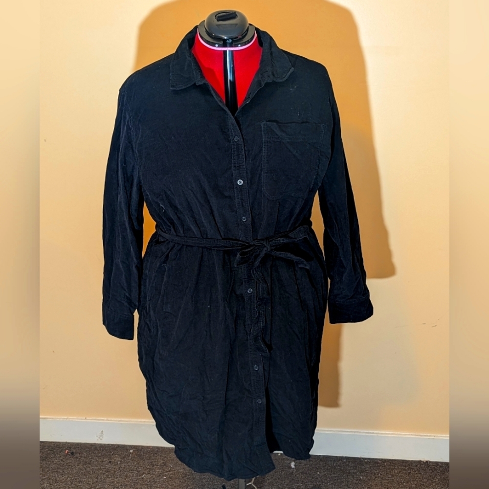 Joe Fresh| NWT Black Corduroy Shirt Dress Belted With Front and Side pockets